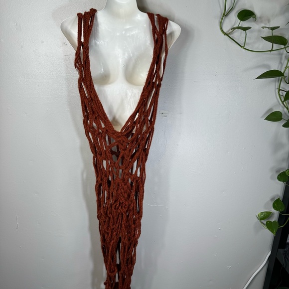 custom hand knit knotted rust red net dress sleeveless scoop neck high low artsy - Picture 10 of 15